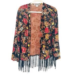 Sans Souci Womens Boho Western Fall Velvet Fringe‎ Floral Cardigan Kimono Size M